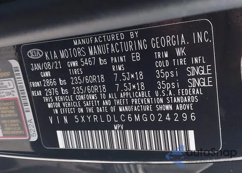 2021 Kia Sorento S from USA, damaged, VIN 5XYRLDLC6MG024296